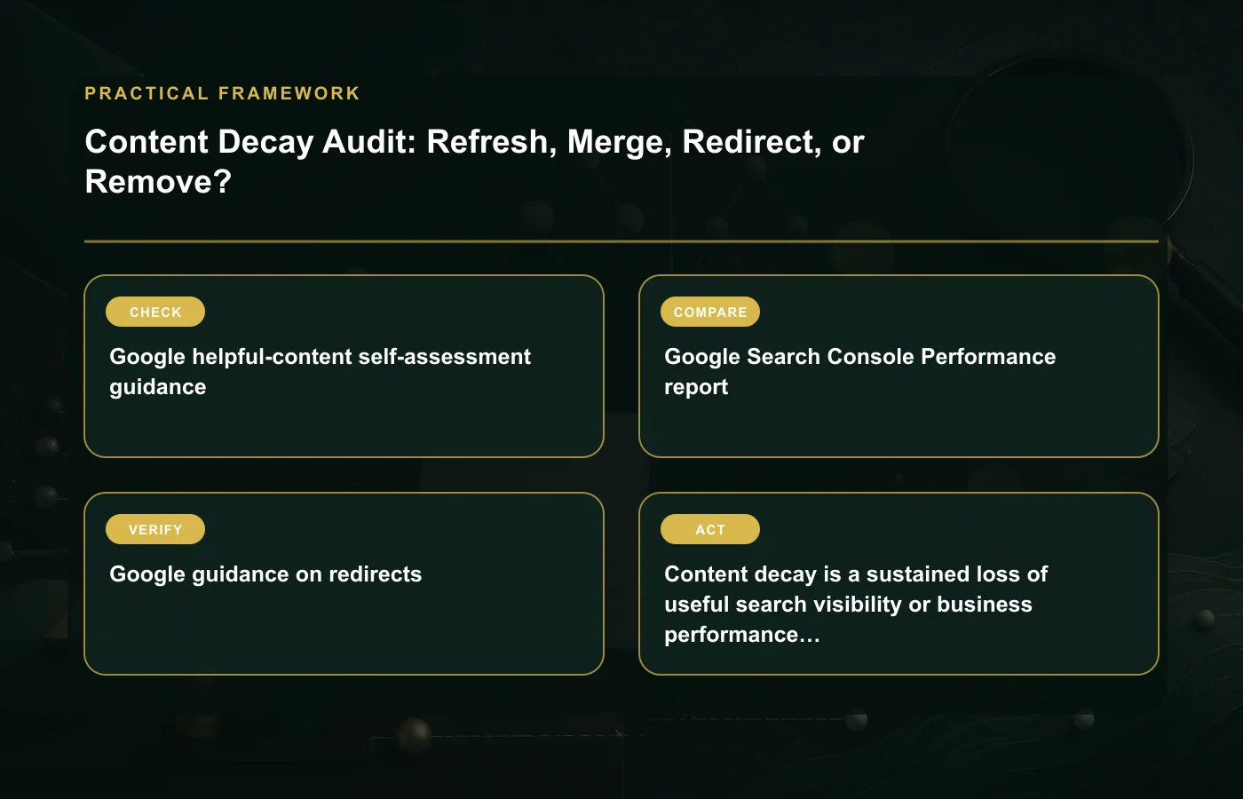 Content Decay Audit: Refresh, Merge, Redirect, or Remove?: practical framework for Google helpful-content self-assessment guidance, Google Search Console Performance report…