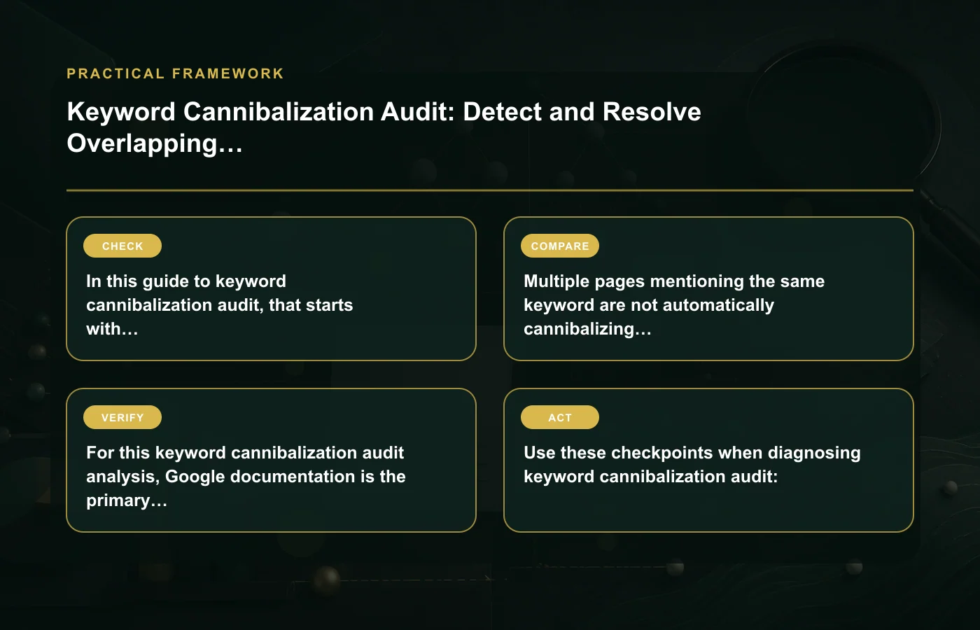 Keyword Cannibalization Audit: Detect and Resolve Overlapping Pages: practical framework for In this guide to keyword cannibalization audit, that starts with cannibalization…