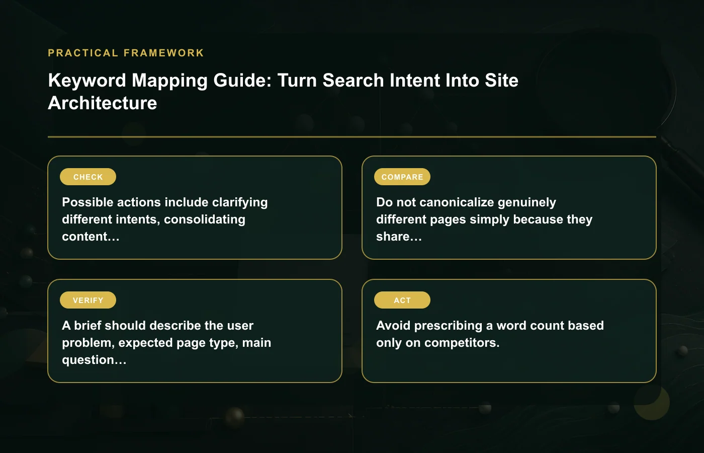 Keyword Mapping Guide: Turn Search Intent Into Site Architecture: practical framework for Possible actions include clarifying different intents, consolidating content into the…