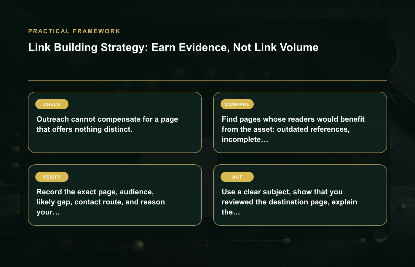 Link Building Strategy: Earn Evidence, Not Link Volume: practical framework for Outreach cannot compensate for a page that offers nothing distinct., Find pages whose readers…