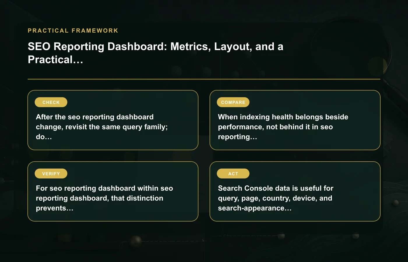 SEO Reporting Dashboard: Metrics, Layout, and a Practical Template: practical framework for After the seo reporting dashboard change, revisit the same query family; do not…