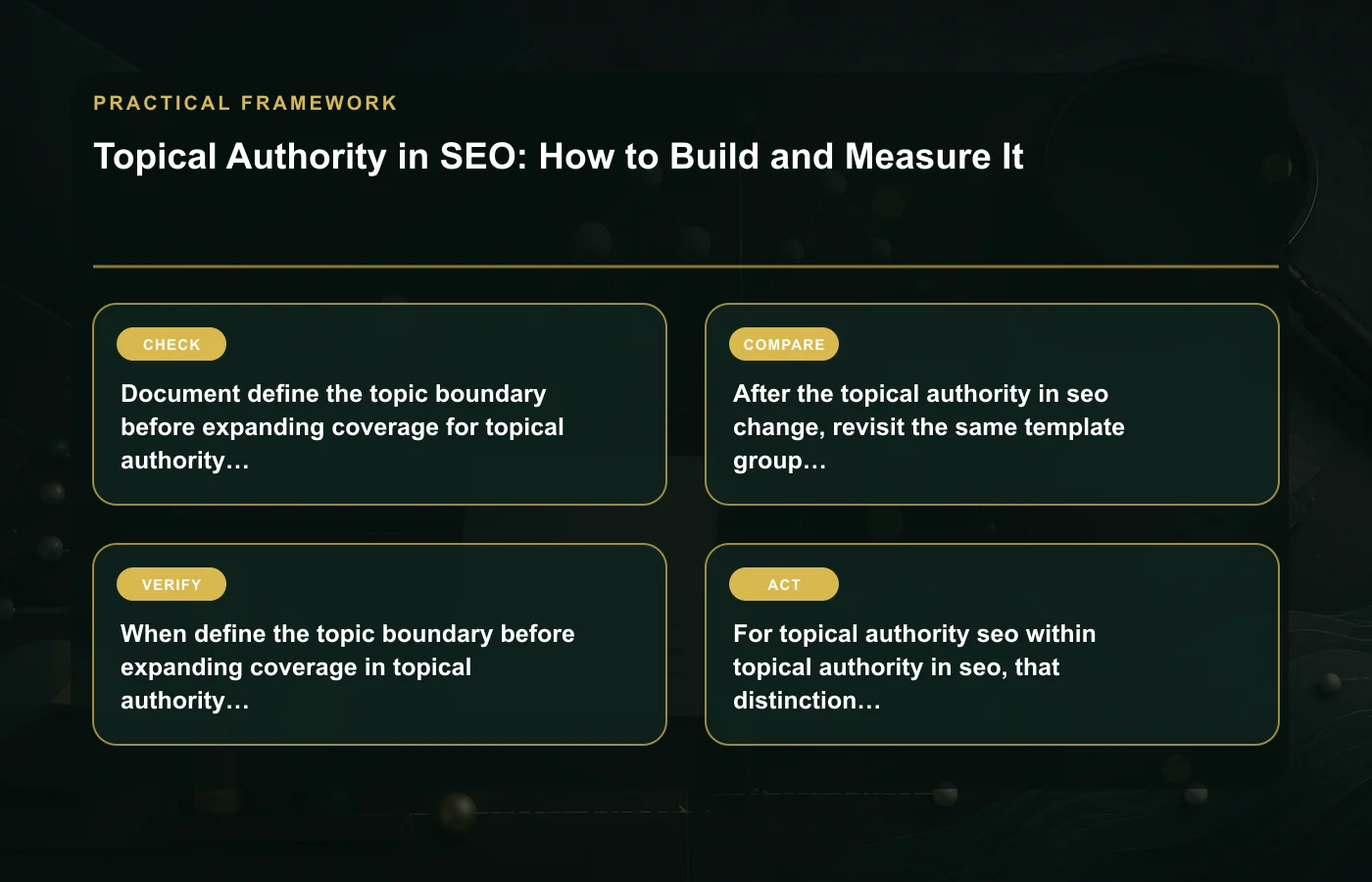 Topical Authority in SEO: How to Build and Measure It: practical framework for Document define the topic boundary before expanding coverage for topical authority in seo before……