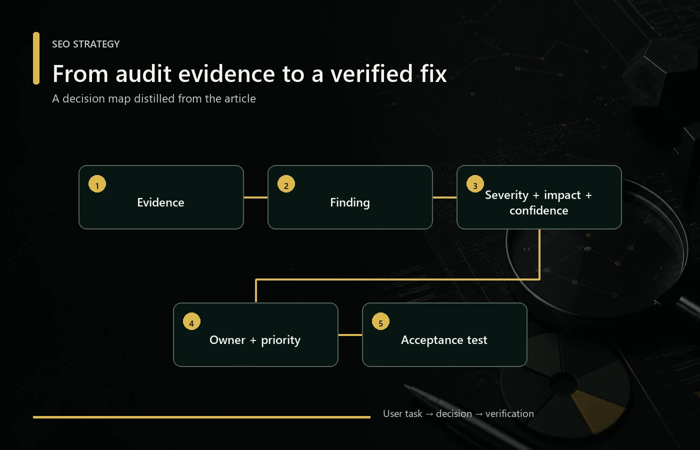 SEO audit report workflow linking evidence to a finding, severity, impact, confidence, ownership, priority, and an acceptance test