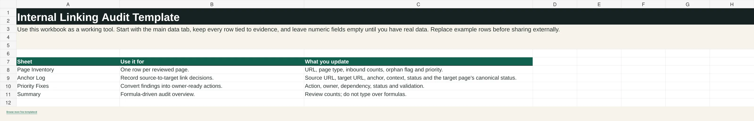 Preview of Internal Linking Audit Template